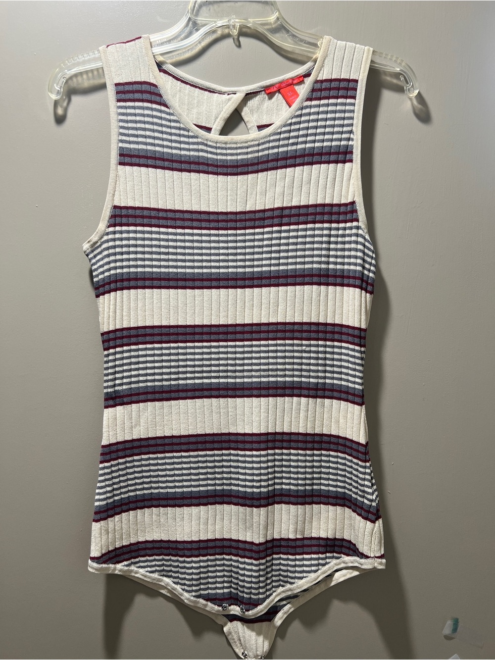 Chelsea & Violet Ribbed Striped Sleeveless Bodysuit - White, Navy & Burgundy